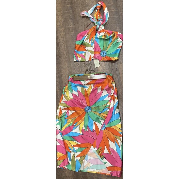 Rachel Zoe Dresses & Skirts - Rachel Zoe Women MIDI Skirt Halter Top Set Xs Jungle Tropical Floral Vibrant NEW